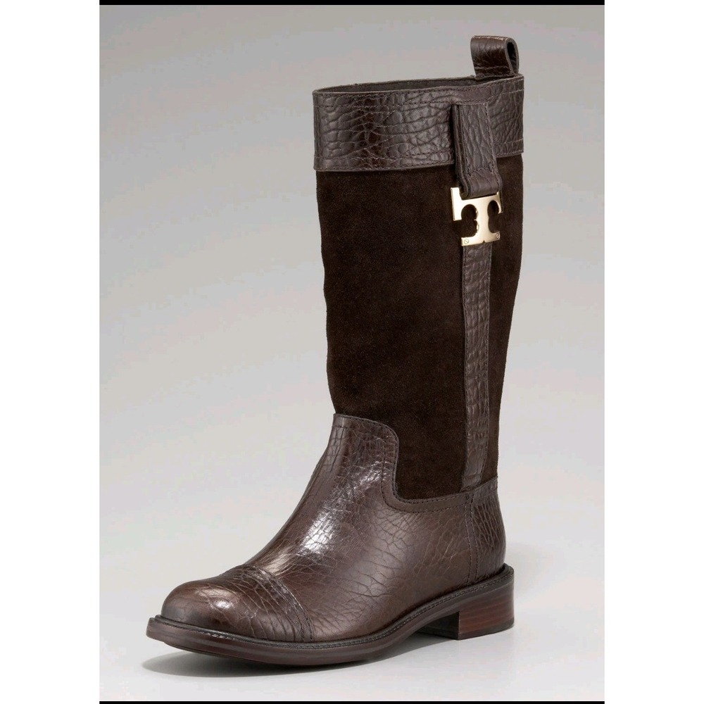 Tory Burch Corey Brown Leather Suede Mid Calf Boots 10 Logo Low Heel Equestrian